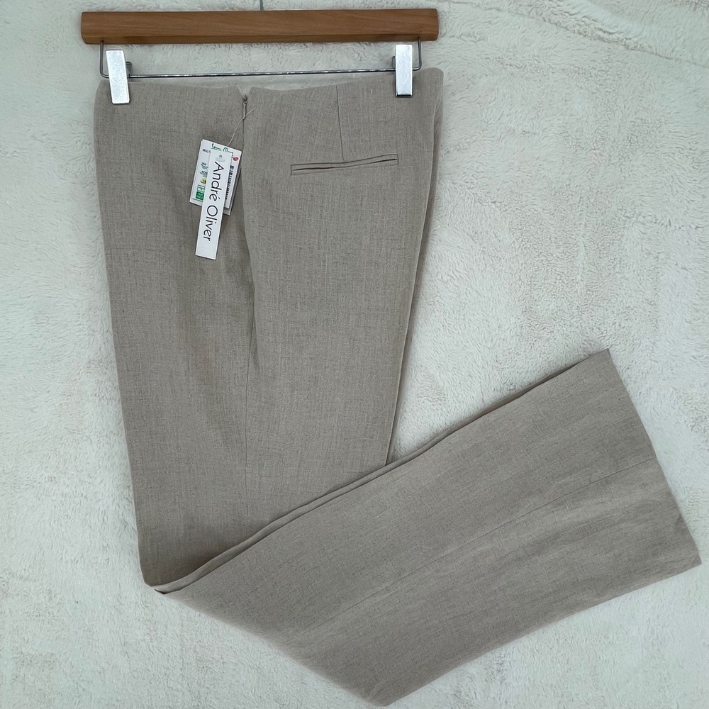 Andre Oliver Womens Oatmeal Beige 100% Linen Wide Leg Trousers Size 10 NWT